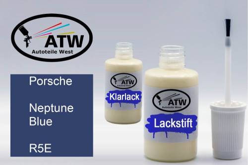 Porsche, Neptune Blue, R5E: 20ml Lackstift + 20ml Klarlack - Set, von ATW Autoteile West.